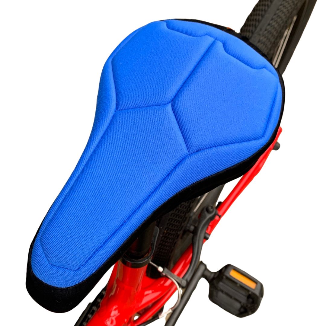 blue and black padded childrens bike seat cover