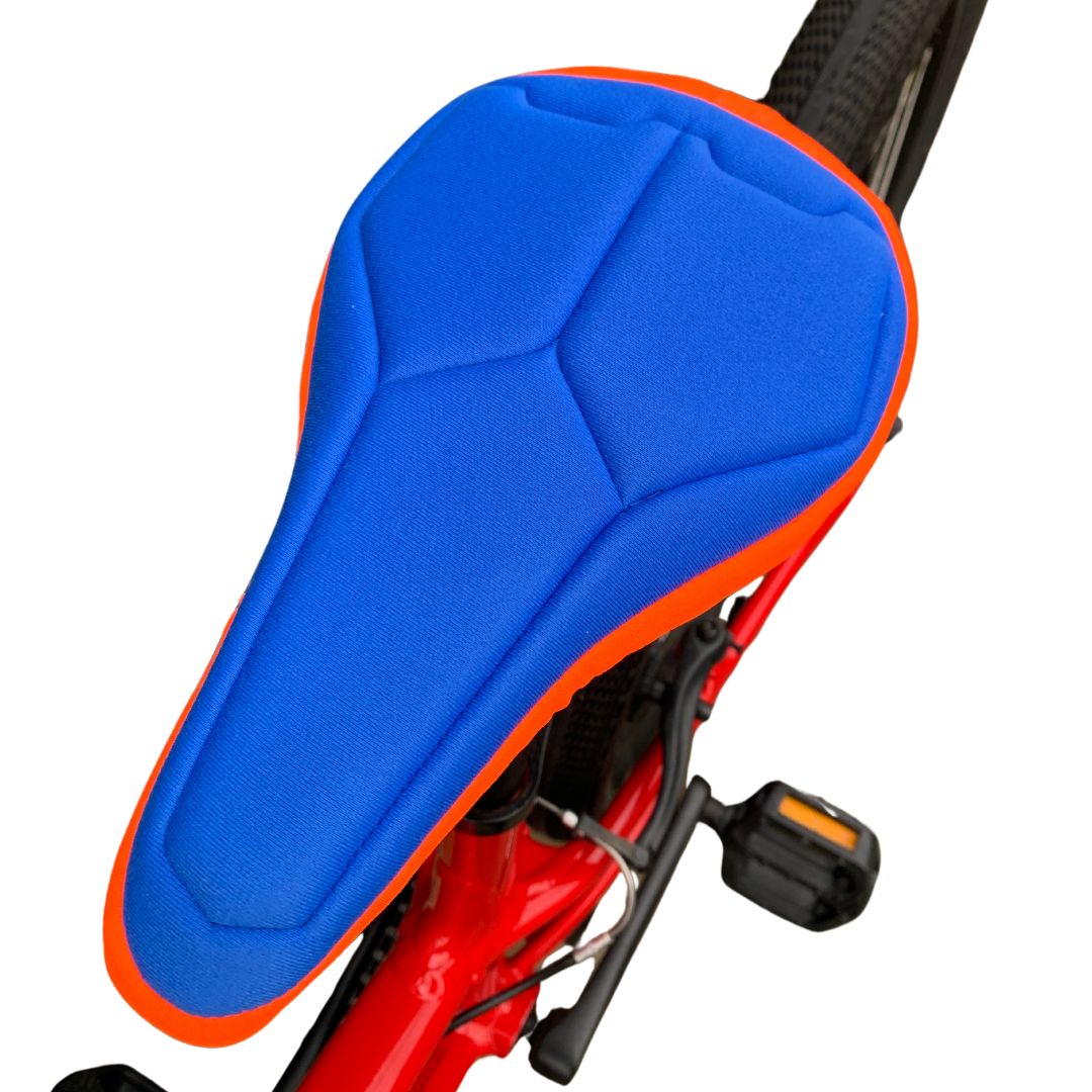 Blue-and-orange-kids-padded-bike-seat-cover-by-pedalshed