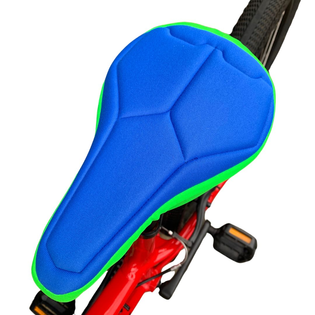 Blue-and-green-kids-padded-bike-seat-cover-by-pedalshed