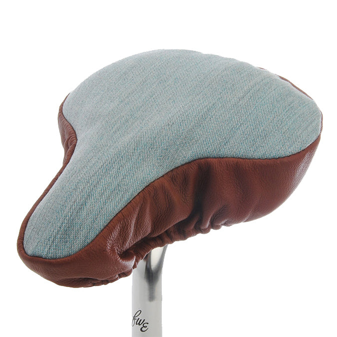 Smooth Chestnut Saddle Cover - Pale Blue with Tan Leather
